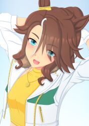Rule 34 | 1girl, 2-butani, absurdres, animal ears, arms up, blue eyes, breasts, brown hair, commentary request, cowboy shot, crop top, cropped jacket, gradient background, grin, hair between eyes, highres, horse ears, horse girl, jacket, looking at viewer, medium breasts, mejiro palmer (umamusume), midriff, open clothes, open jacket, ponytail, shirt, short hair, simple background, smile, solo, standing, stomach, tail, umamusume, upper body, white background, white jacket, yellow shirt