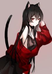 Rule 34 | 1girl, :&lt;, animal ears, backless dress, backless outfit, bare shoulders, black bow, black bowtie, black dress, black hair, blazer, bow, bowtie, breasts, brown background, camisole, cat ears, cat girl, cat tail, choker, cleavage, closed mouth, collarbone, cowboy shot, dress, from side, frown, hair between eyes, highres, jacket, jacket partially removed, large breasts, leaning forward, long hair, long sleeves, looking at viewer, naru (ul), original, red eyes, red jacket, simple background, sleeves past wrists, solo, tail, tsurime, very long hair