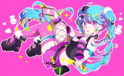 Rule 34 | 1girl, absurdres, asymmetrical legwear, bandaid, bandaid on face, bandaid on nose, belt, black belt, black shirt, blonde hair, blue hair, blush, braid, cellphone, cleavage cutout, clothing cutout, crop top, fang, fishnets, hatsune miku, heart, highres, holding, holding phone, looking at viewer, miku day, mitau, multicolored hair, open mouth, phone, pink background, pink hair, pink nails, pink theme, project sekai, purple eyes, purple skirt, rabbit, shirt, skirt, smile, solo, symbol-shaped pupils, tattoo, twin braids, v, vocaloid, what&#039;s up? pop! (vocaloid)