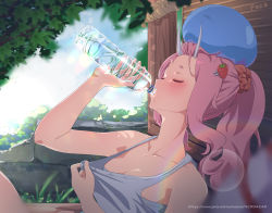 Rule 34 | 1girl, absurdres, artist name, blurry, blurry foreground, blush, bottle, breasts, cleavage, closed eyes, clothes pull, commentary, day, drinking, feca, food-themed hair ornament, grass, hair ornament, hair pulled back, hairclip, highres, horns, medium breasts, medium hair, on head, oni horns, outdoors, pink hair, ponytail, rainbow, rimuru tempest, sarashi, scrunchie, shirt pull, shuna (tensei shitara slime datta ken), signature, sitting, sleeveless, slime, slime (substance), strawberry hair ornament, sunlight, sweat, sweatdrop, tank top, tensei shitara slime datta ken, tree, upper body, water bottle, watermark, web address, white tank top