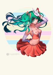 Rule 34 | 1girl, :p, aqua eyes, aqua hair, bad id, bad pixiv id, bracelet, breasts, elbow gloves, fiodo, gloves, hair ribbon, hatsune miku, jewelry, long hair, medium breasts, midriff, necklace, nipples, pendant, pleated skirt, ribbon, skirt, solo, strap gap, tongue, tongue out, twintails, vocaloid, wristband