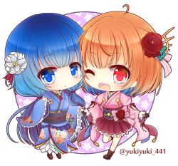 Rule 34 | 2girls, :o, ;d, ahoge, black gloves, blue eyes, blue hair, blue kimono, blush, boots, bow, breasts, brown footwear, character request, chibi, commentary request, flower, frilled skirt, frilled sleeves, frills, gloves, hair between eyes, hair flower, hair ornament, japanese clothes, kimono, light brown hair, long sleeves, looking at viewer, medium breasts, multicolored hair, multiple girls, obi, one eye closed, open mouth, parted lips, pink bow, pink kimono, pink ribbon, pleated skirt, purple skirt, red eyes, red flower, ribbon, saitou chiwa, sash, shironeko project, short kimono, skirt, smile, standing, standing on one leg, striped bow, striped ribbon, teeth, twitter username, two-tone hair, upper teeth only, white flower, wide sleeves, yukiyuki 441