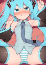 Rule 34 | 1girl, abmayo, aqua nails, armpits, bare shoulders, black sleeves, black thighhighs, blue eyes, blue nails, blush, breasts, cameltoe, closed mouth, collared shirt, commentary request, detached sleeves, hands up, hatsune miku, highres, long hair, long sleeves, looking at viewer, lying, nail polish, necktie, nose blush, on back, panties, shirt, sleeveless, sleeveless shirt, small breasts, solo, spread legs, striped clothes, striped panties, thighhighs, twintails, underwear, very long hair, vocaloid
