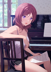 Rule 34 | 2girls, arm rest, black shorts, camisole, chair, collarbone, highres, holding, holding paper, holding pencil, instrument, looking at another, looking at viewer, love live!, love live! school idol project, multiple girls, nishikino maki, nishikino maki&#039;s mother, open mouth, paper, pencil, piano, purple camisole, purple eyes, red hair, reflection, shamakho, sheet music, short shorts, shorts, sitting, solo focus, thighs, window