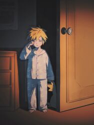 Rule 34 | 1boy, aged down, animal print, barefoot, bird print, blonde hair, buttons, chest of drawers, child, cloud strife, commentary, doorway, english commentary, final fantasy, final fantasy vii, final fantasy vii remake, full body, hair between eyes, hao xiang yishui bu xing, highres, indoors, long sleeves, looking at viewer, male focus, one eye closed, open door, pajamas, parted lips, print pajamas, rubbing eyes, short hair, sleepy, solo, spiked hair, standing, stuffed animal, stuffed toy