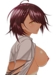 Rule 34 | 1girl, absurdres, ahoge, azur lane, bad id, bad pixiv id, baltimore (after-school ace) (azur lane), baltimore (azur lane), blurry, breasts, brown hair, collared shirt, depth of field, highres, kanatayama, large breasts, lips, looking at viewer, nipples, open clothes, open shirt, parted lips, profile, shirt, short hair, short sleeves, simple background, solo, upper body, white background, yellow eyes