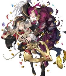 Rule 34 | 1boy, 1girl, blonde hair, boots, coin, detached sleeves, fire emblem, fire emblem fates, fire emblem heroes, full body, gem, gold coin, grey hair, hat, highres, knee boots, long sleeves, nintendo, official alternate costume, official art, pants, pearl (gemstone), pirate hat, red eyes, red thighhighs, skirt, sparkle, thighhighs, torn clothes, torn sleeves, transparent background, veronica (fire emblem), xander (fire emblem), xander (pirate) (fire emblem), zettai ryouiki