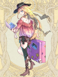 Rule 34 | 1girl, ashgray, bare shoulders, black hat, black legwear, blonde hair, blue eyes, boots, bow, brown footwear, brown shorts, dairoku ryouhei, full body, harriet millions, hat, holding, holding suitcase, long hair, looking at viewer, looking back, luggage, map, see-through, shorts, shoulder blades, simple background, solo, standing, suitcase, very long hair