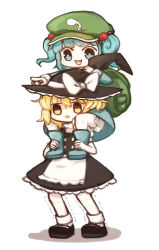 Rule 34 | &gt;:d, 2girls, :d, :o, backpack, bad id, bad pixiv id, bag, blonde hair, blue eyes, blue hair, carrying, chibi, hair bobbles, hair ornament, hat, honotai, kawashiro nitori, kirisame marisa, multiple girls, open mouth, piggyback, short hair, shoulder carry, smile, touhou, twintails, two side up, v-shaped eyebrows, white background, witch hat, yellow eyes