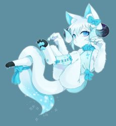 Rule 34 | 1girl, :&lt;, animal ear fluff, animal ears, bioluminescence, blue background, blue bow, body fur, bow, claws, female focus, full body, furry, furry female, glowing, horns, nena (pixiv23458451), original, simple background, solo, tail, whiskers