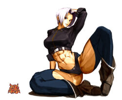 Rule 34 | 1girl, abs, angel (kof), backless pants, blue eyes, boots, breasts, chaps, cowboy boots, crop top, cropped jacket, gloves, hair over one eye, highres, jacket, large breasts, leather, leather jacket, looking at viewer, midriff, muscular, muscular female, navel, panties, pants, setsuna kasugano, short hair, snk, solo, the king of fighters, the king of fighters 2001, thighs, toned, underwear, white hair