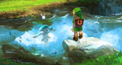 Rule 34 | 1boy, 1girl, blonde hair, deku shield, fish, grass, green headwear, green tunic, jasqreate, link, looking at another, navi, nintendo, pointy ears, pond, princess ruto, purple eyes, shield, shield on back, smile, swimming, sword, the legend of zelda, the legend of zelda: ocarina of time, weapon, wooden shield, young link