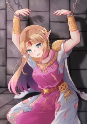 Rule 34 | 1girl, artist request, bdsm, blonde hair, blush, bondage, bound, breasts, cape, cuffs, dungeon, elf, highres, long hair, nervous, nintendo, pointy ears, princess zelda, sad, solo, super smash bros., tagme, the legend of zelda, the legend of zelda: a link between worlds, tiara, torn clothes