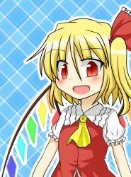 Rule 34 | 1girl, :d, ascot, asymmetrical hair, bad id, bad pixiv id, blonde hair, blue background, blush, fangs, flandre scarlet, frilled shirt collar, frills, hair ribbon, highres, miitan (kazamiita), open mouth, outline, plaid, plaid background, puffy short sleeves, puffy sleeves, red eyes, ribbon, short sleeves, side ponytail, slit pupils, smile, solo, touhou, vest, wings