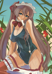 Rule 34 | 00s, 1girl, ban! (bansankan), breasts, cleavage, code geass, food, large breasts, one-piece swimsuit, popsicle, shirley fenette, solo, swimsuit, thighhighs