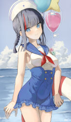 Rule 34 | 1girl, armlet, balloon, bare shoulders, black hair, blue eyes, blue sailor collar, blue skirt, blue sky, blush, braid, breasts, buttons, double-breasted, fate/grand order, fate (series), hat, highres, innertube, linzhekuan, looking at viewer, low twin braids, medium breasts, medium hair, multicolored hair, ocean, one-piece swimsuit, pink hair, sailor collar, sailor hat, sidelocks, skirt, sky, smile, solo, streaked hair, swim ring, swimsuit, thighs, twin braids, utsumi erice, utsumi erice (swimsuit avenger), utsumi erice (swimsuit avenger) (second ascension), white hat, white one-piece swimsuit