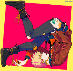 Rule 34 | 1boy, alternate costume, bad id, bad pixiv id, bakugou katsuki, black footwear, blonde hair, boku no hero academia, boots, brown jacket, commentary request, cross-laced footwear, ear piercing, earrings, food, green background, hand up, holding, jacket, jewelry, long sleeves, male focus, open clothes, open jacket, open mouth, pants, piercing, pink background, pocky, shoes, short hair, solo, spiked hair, tonomayo, torn clothes, torn pants, twitter username, upside-down