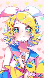 Rule 34 | 1girl, absurdres, aqua eyes, armpit crease, bare shoulders, blonde hair, blue eyes, blue sailor collar, blue sleeves, blush, bow, breasts, collarbone, colorful, detached sleeves, grid background, hair bow, hair ornament, hairclip, headphones, headset, heart, highres, kagamine rin, looking at viewer, multicolored clothes, multicolored eyes, neckerchief, nervous sweating, pafufu, pastel colors, pink background, pixel heart, sailor collar, shirt, short hair, sleeveless, sleeveless shirt, small breasts, solo, sweat, treble clef, vocaloid, wavy mouth, white bow, yellow nails, yellow neckerchief, yellow pupils