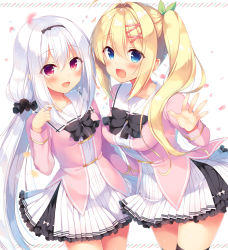 Rule 34 | 2girls, :d, black neckwear, blonde hair, blush, bow, bowtie, character request, cherry blossoms, commentary request, copyright request, eyes visible through hair, hair between eyes, hair ornament, twirling hair, hairclip, long hair, looking at viewer, low twintails, multiple girls, open mouth, petals, sazaki ichiri, side ponytail, silver hair, simple background, smile, twintails, very long hair, waving, white background