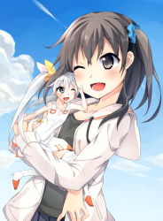 Rule 34 | 10s, 2girls, ;d, black eyes, black hair, blue sky, cloud, collarbone, day, dress, grey eyes, hair ornament, hair ribbon, hair scrunchie, hand on another&#039;s cheek, hand on another&#039;s face, highres, hood, hoodie, kominato ruuko, long hair, long sleeves, mini person, minigirl, multiple girls, one eye closed, open clothes, open hoodie, open mouth, oruto (ort+), ribbon, scrunchie, selector wixoss, shirt, silver hair, skirt, sky, sleeveless, sleeveless dress, smile, tama (wixoss), twintails, very long hair, white dress, wixoss