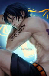 Rule 34 | 1boy, abs, artist name, back tattoo, black hair, commentary, english commentary, freckles, looking at viewer, male focus, one piece, portgas d. ace, realistic, short hair, solo, tattoo, teeth, topless male, watermark, web address, zhyphenth