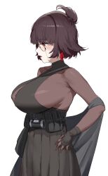 Rule 34 | 1girl, absurdres, belt, black dress, bodystocking, breasts, dress, earrings, from side, girls&#039; frontline neural cloud, gloves, highres, jewelry, large breasts, monocle, nora (neural cloud), open mouth, red eyes, ribu (rv), short hair, sideboob, solo, turtleneck, utility belt