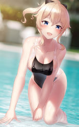 Rule 34 | 1girl, :d, arm support, bare shoulders, black bow, blonde hair, blue eyes, blurry, blurry background, blush, bow, breasts, cleavage, collarbone, commentary request, competition swimsuit, genshin impact, hair between eyes, hair bow, high ponytail, highres, jean (genshin impact), large breasts, one-piece swimsuit, open mouth, partially submerged, ponytail, pool, shirosaba, sidelocks, smile, swimsuit, water, wet