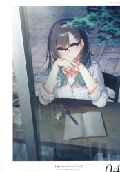 Rule 34 | 1girl, absurdres, arm support, black hair, blurry, blurry foreground, book, closed mouth, coffee mug, colored tips, cup, eraser, expressionless, gem, glasses, green eyes, green hair, highres, indoors, jewelry, long sleeves, looking at viewer, medium hair, mole, mole under eye, mug, multicolored hair, necklace, on chair, original, parted bangs, pen, rain, scan, shirt, sidelocks, sitting, solo, toosaka asagi, water drop, white shirt, wooden floor