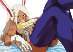 Rule 34 | 1girl, absurdres, animal ears, bare shoulders, blue thighhighs, boku no hero academia, breasts, crescent print, crossed legs, damos (child flame), dark-skinned female, dark skin, fur collar, gloves, grin, hand on own thigh, highres, large breasts, leotard, long eyelashes, long hair, looking at viewer, lying, mirko, muscular, muscular female, on back, parted bangs, rabbit ears, rabbit girl, red eyes, sleeveless turtleneck leotard, smile, solo, taut leotard, thick thighs, thighhighs, thighs, white gloves, white hair, white leotard