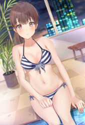 Rule 34 | 1girl, absurdres, bench, bikini, blue bikini, blurry, blurry background, blush, breasts, brown eyes, brown hair, cleavage, collarbone, commentary request, cowboy shot, dutch angle, front-tie bikini top, front-tie top, groin, halterneck, hand on own thigh, highres, indoors, katou megumi, long hair, looking at viewer, medium breasts, midriff, navel, night, parted lips, plant, ponytail, pool, poolside, potted plant, saenai heroine no sodatekata, side-tie bikini bottom, sitting, skyline, solo, string bikini, striped bikini, striped clothes, swimsuit, tile floor, tiles, umineco 1, window