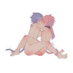 Rule 34 | 2girls, animal ears, bite mark, cat ears, cat tail, completely nude, from side, highres, multiple girls, nude, original, simple background, tagme, tail, tail wrap, white background, yuri