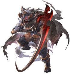 Rule 34 | 1boy, armor, armored boots, boots, cape, dark-skinned male, dark skin, draph, full body, gauntlets, glowing, glowing eyes, granblue fantasy, granblue fantasy versus, holding, holding weapon, hood, horns, male focus, minaba hideo, official art, scythe, simple background, torn cape, torn clothes, transparent background, vaseraga, weapon, white background
