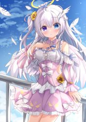 Rule 34 | 1girl, angel wings, blue eyes, blue sky, blush, breasts, cloud, detached sleeves, dress, feathered wings, feathers, flower, frilled straps, hair flower, hair ornament, hairclip, halo, hand on own chest, handrail, heterochromia, highres, hiyada yuu, long hair, medium breasts, one side up, original, outdoors, pink dress, puffy detached sleeves, puffy sleeves, silver hair, sky, solo, sunflower, sunflower hair ornament, wings