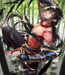 Rule 34 | 1boy, arm up, armor, bamboo, bamboo forest, black hair, black pants, collarbone, fate/grand order, fate (series), fighting stance, floating hair, forest, gauntlets, green eyes, leg up, long hair, looking at viewer, male focus, nature, noes, outdoors, pants, parted lips, smile, solo, standing, standing on one leg, steam, tattoo, topless male, white footwear, wind, yan qing (fate)