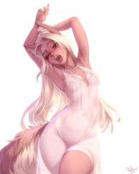 Rule 34 | 1girl, animal ear fluff, animal ears, arms up, artist name, blonde hair, breasts, brown eyes, dress, fangs, highres, long hair, looking at viewer, losse (personal ami), navel, one eye closed, open mouth, original, personal ami, small breasts, solo, stretching, tail, uncensored, white background, white dress, yawning