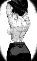 Rule 34 | 1girl, absurdres, ass, bare back, bare shoulders, black hair, black pants, breasts, burn scar, glasses, greyscale, highres, jujutsu kaisen, looking at viewer, masoq, monochrome, pants, scar, short hair, solo, steaming body, sweat, undressing, zen&#039;in maki