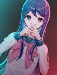 Rule 34 | 1girl, absurdres, blue eyes, blue hair, blue sailor collar, bow, bowtie, collarbone, covering own mouth, crossed fingers, danganronpa: trigger happy havoc, danganronpa (series), gradient background, green background, grey shirt, hair ornament, hairclip, highres, long hair, long sleeves, looking at viewer, maizono sayaka, pink bow, pink bowtie, red background, rurero 666, sailor collar, school uniform, shirt, smile, solo, upper body, x fingers