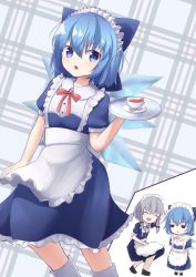 Rule 34 | 2girls, :o, alternate costume, apron, arm up, black footwear, blue background, blue dress, blue eyes, blue hair, bow, braid, calf socks, chibi, chibi inset, cirno, closed eyes, commentary request, cup, dress, enmaided, feet out of frame, hair between eyes, hair bow, hand on another&#039;s head, highres, holding, holding tray, izayoi sakuya, jitome, looking at viewer, maid, maid apron, maid headdress, multiple girls, open mouth, petticoat, puffy short sleeves, puffy sleeves, red neckwear, red ribbon, resa 7z (resastr), ribbon, saucer, short hair, short sleeves, silver hair, smile, squatting, striped, striped background, teacup, teaspoon, touhou, tray, twin braids, white legwear, wings