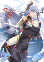 Rule 34 | 1girl, armor, black bodysuit, black gloves, bodysuit, braid, breast curtain, breasts, closed mouth, covered navel, cowboy shot, eyes visible through hair, floating hair, flower knot, genshin impact, gloves, gold trim, grey eyes, hair ornament, hair over breasts, highres, hip vent, kuji-in, large breasts, long hair, looking at viewer, low-braided long hair, low-tied long hair, partially fingerless gloves, shenhe (genshin impact), shiroki, shoulder armor, single braid, solo, swept bangs, tassel, thighs, turtleneck