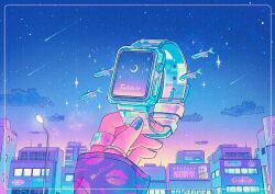 Rule 34 | 1girl, apple watch, artist name, blue nails, blue sky, border, building, city, cloud, commentary, crescent moon, female pov, fish, hand up, highres, holding, jewelry, lamppost, long sleeves, moon, multicolored nails, multiple rings, nail polish, neon lights, neon tetra, night, night sky, original, out of frame, outdoors, pov, pov hands, purple nails, ring, shooting star, sky, sleeves past wrists, smartwatch, solo, sparkle, star (sky), tetra (fish), tropical fish, wacca005, watch, wristwatch