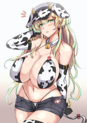 Rule 34 | 1girl, animal print, bare shoulders, bikini, blonde hair, blush, breasts, character request, cleavage, cow print, detached collar, earrings, elbow gloves, gloves, green eyes, hair ornament, hairclip, hat, highres, huge breasts, jewelry, looking at viewer, mole, mole on breast, navel, open mouth, shorts, solo, swimsuit, tail, thighhighs, yasakani an
