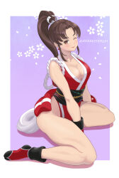 Rule 34 | 1girl, arm guards, arm support, black sash, border, breasts, brown eyes, brown hair, cherry blossom print, cleavage, collarbone, earrings, floral print, hair ribbon, high ponytail, highres, jewelry, kkzk61539201, long hair, looking at viewer, medium breasts, obi, one eye closed, outside border, pelvic curtain, pink background, ribbon, rope, sash, shiranui mai, sitting, socks, solo, the king of fighters, the king of fighters xv, thighhighs, wariza, white border, white ribbon