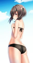 Rule 34 | 10s, 1girl, alternate costume, ass, bikini, black bikini, brown eyes, brown hair, covering privates, covering breasts, embarrassed, flat ass, flat chest, from behind, gradient background, hair between eyes, headband, headgear, highres, kantai collection, keita (tundereyuina), looking at viewer, short hair, solo, swimsuit, taihou (kancolle)