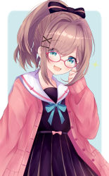 Rule 34 | 1girl, absurdres, bespectacled, blue eyes, brown hair, cardigan, glasses, highres, looking at viewer, marumaruru, nijisanji, open mouth, pink cardigan, ponytail, ribbon, skirt, solo, striped clothes, striped skirt, suzuhara lulu, vertical-striped clothes, vertical-striped skirt, virtual youtuber