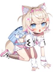 Rule 34 | 1girl, aged down, animal collar, animal ear fluff, animal ears, arm warmers, backpack, bag, bandaid, bandaid hair ornament, belt, black collar, blonde hair, blue eyes, breasts, brown socks, collar, colored shoe soles, cropped shirt, crossed bangs, dog ears, dog girl, dog tail, double-parted bangs, fake horns, fang, fishnet socks, fishnets, frilled shorts, frills, hair between eyes, hair intakes, hair ornament, hairband, highres, hololive, hololive english, horns, kneehighs, mococo abyssgard, mococo abyssgard (1st costume), multicolored hair, noi mine, open mouth, pink belt, pink hair, pink hairband, randoseru, school bag, shirt, shoes, short hair, short shorts, shorts, skin fang, small breasts, sneakers, socks, solo, spiked collar, spikes, streaked hair, t-shirt, tail, transparent background, two side up, virtual youtuber, white footwear, white shirt, white shorts, x hair ornament