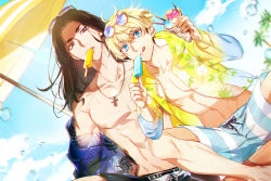 Rule 34 | 2boys, :q, akeno06, baji keisuke, black eyes, black hair, black shorts, blonde hair, blue eyes, blue shirt, blue shorts, blue sky, cowboy shot, crepe, cross, day, earrings, eyewear on head, food, hair between eyes, highres, holding, holding food, jacket, jewelry, long hair, looking at viewer, male focus, matsuno chifuyu, mouth hold, multiple boys, necklace, off shoulder, open clothes, open jacket, outdoors, popsicle, shirt, short hair, shorts, single earring, sitting, sky, sunglasses, tokyo revengers, toned, toned male, tongue, tongue out, tsurime, umbrella, undercut, water drop, yellow jacket