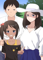 Rule 34 | age difference, bare shoulders, black hair, black shirt, blue eyes, blue sky, brown eyes, closed mouth, collarbone, dark skin, grin, hair bobbles, hair ornament, hand on another&#039;s shoulder, hat, highres, jewelry, long sleeves, looking at viewer, mole, mole under eye, necklace, original, outdoors, pink eyes, plant, shaded face, shirt, short hair, sky, smile, star (symbol), star print, teeth, terasu mc, v, white headwear, white shirt