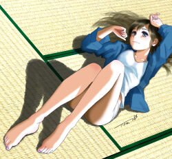 Rule 34 | 1girl, arm above head, barefoot, blue eyes, blue jacket, brown hair, chutohampa, collarbone, convenient leg, earrings, full body, jacket, jewelry, knees up, long hair, looking afar, lying, nail polish, on back, on floor, open clothes, open jacket, original, panties, purple nails, shadow, shirt, signature, solo, tatami, underwear, white panties, white shirt