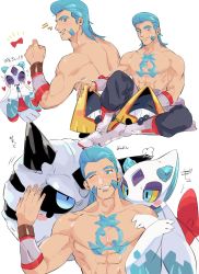 Rule 34 | 1boy, abs, arm guards, bara, blue eyes, blue hair, blush, bracelet, collage, creatures (company), facial hair, froslass, gaeric (pokemon), game freak, gen 3 pokemon, gen 4 pokemon, glalie, green (grimy), highres, jewelry, long hair, male focus, muscular, muscular male, nintendo, pectorals, pokemon, pokemon (creature), pokemon legends: arceus, pompadour, simple background, smile, topless male, white background
