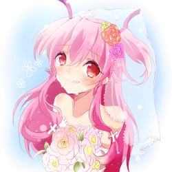 Rule 34 | 10s, 1girl, angel beats!, bad id, bad pixiv id, bouquet, bridal veil, flower, gradient background, long hair, otosuzuha, pink hair, red eyes, solo, tears, twintails, two side up, veil, yui (angel beats!)